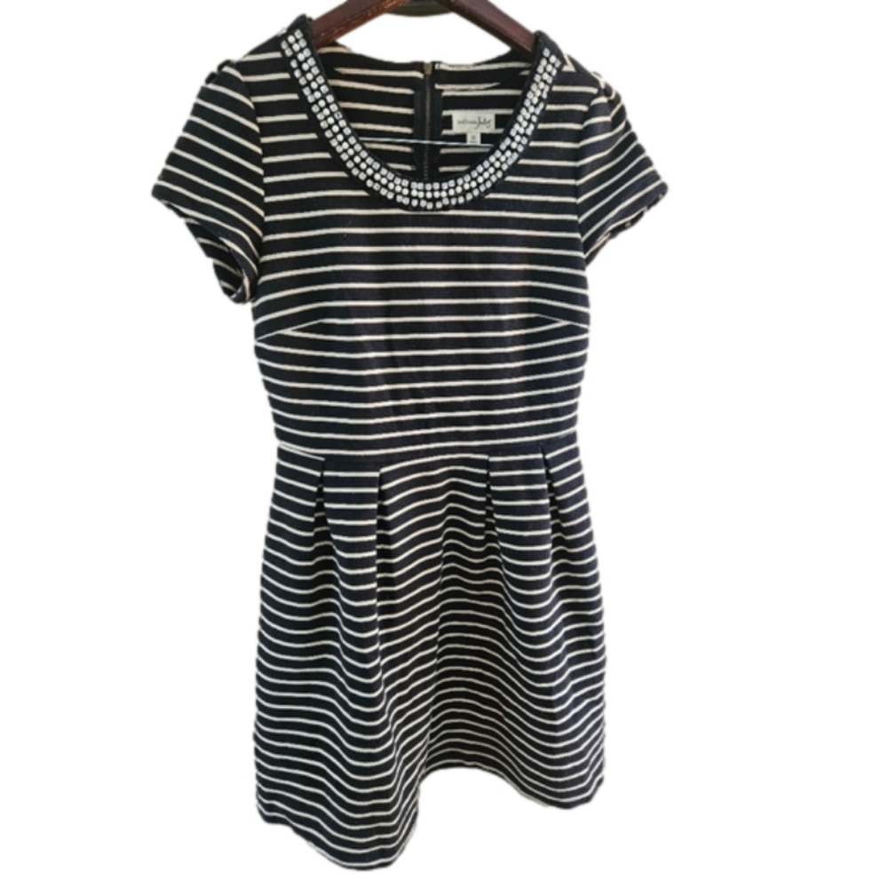 Maison Jules Black & Tan Striped Jeweled Collar Short Sleeve Dress-Size Medium